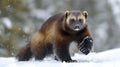 Fierce Wolverine Charging Through Winter Snow with Sharp Claws Royalty Free Stock Photo