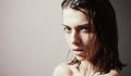 Fierceness, strength and power. Attractive wet young woman. Close up. Copy space. Royalty Free Stock Photo