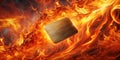 A fiery abstract background featuring a golden rectangular panel floating amidst dynamic flames. Generative AI Royalty Free Stock Photo