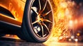 Fiery Acceleration: Rear Wheel of Sports Car Emitting Flames on Start. Generative ai