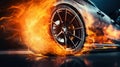 Fiery Acceleration: Rear Wheel of Sports Car Emitting Flames on Start. Generative ai Royalty Free Stock Photo
