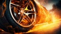 Fiery Acceleration: Rear Wheel of Sports Car Emitting Flames on Start. Generative ai Royalty Free Stock Photo