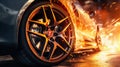 Fiery Acceleration: Rear Wheel of Sports Car Emitting Flames on Start. Generative ai Royalty Free Stock Photo