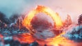 Fiery Arch Emerging from Icy Rocks Digital Fantasy Landscape Royalty Free Stock Photo