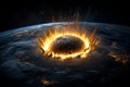 A fiery asteroid impact on Earth, creating a massive crater and blazing inferno. The image depicts the destructive power of space Royalty Free Stock Photo