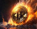 Fiery backdrop and glowing bitcoin engulfed in flames in digital illustration Royalty Free Stock Photo