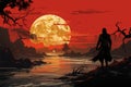 Fiery backdrop, samurais stance at sunset captures strength and indomitable spirit Royalty Free Stock Photo