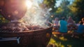 A fiery barbecue grill among friends and family, with smoke trails soaring in a clear summer sky