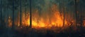 Fiery blaze engulfs forest, flames and smoke rise amidst trees. intense wildfire scene captured in dramatic style. a