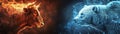 Fiery bull and icy bear facing off in a dramatic clash of elements Royalty Free Stock Photo