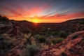 fiery canyon sunset, with the sun peeking over the horizon, casting a warm glow on the landscape
