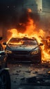 Fiery car accident aftermath, showcasing the dangers of road collisions Royalty Free Stock Photo