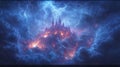 Fiery castle engulfed in clouds and lightning with dramatic lighting Royalty Free Stock Photo