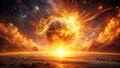 Fiery celestial body explodes, casting an orange glow across a desolate landscape under a starry sky. Generative AI Royalty Free Stock Photo