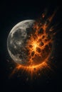 Fiery Celestial Disruption: A planet undergoing catastrophic fragmentation, spewing molten debris against a backdrop of starry Royalty Free Stock Photo