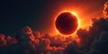 Fiery celestial event a dramatic total solar eclipse observed from above the cloud layer with glowing orange and red hues, starry Royalty Free Stock Photo