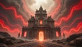 Fiery Celestial Gate Behind Monumental Tower Royalty Free Stock Photo
