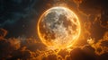 Dramatic celestial scene depicting a glowing moon surrounded by fiery clouds. ideal for fantasy backgrounds and space