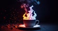 Fiery coffee cup with rainbow flames and smoke Royalty Free Stock Photo