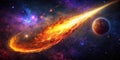 Fiery comet blazing through cosmic nebula, near a distant planet, a spectacular celestial event. Generative AI Royalty Free Stock Photo