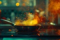 Fiery cooking in a pan captures the essence of culinary art. intense heat of passionate food preparation. cooking flames Royalty Free Stock Photo