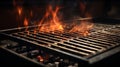 Fiery cooking scene, Empty grill with intense flames, perfect for barbecuing.