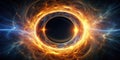 A fiery cosmic ring encircling a dark void, surrounded by swirling nebulae and glowing plasma. Generative AI Royalty Free Stock Photo