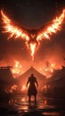fiery creature with wings soars above burning village Royalty Free Stock Photo