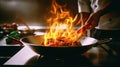 Fiery Culinary Mastery: Chef\'s Skillful Wok Cooking in a Professional Kitchen. created with Generative AI
