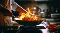 Fiery Culinary Mastery: Chef\'s Skillful Wok Cooking in a Professional Kitchen. created with Generative AI