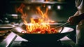 Fiery Culinary Mastery: Chef\'s Skillful Wok Cooking in a Professional Kitchen. created with Generative AI