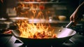 Fiery Culinary Mastery: Chef\'s Skillful Wok Cooking in a Professional Kitchen. created with Generative AI