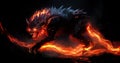 Fiery demon. Mystical monster in fire on dark background