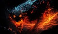 Fiery demon. Mystical monster in fire on dark background