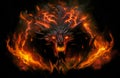 Fiery demon. Mystical monster in fire on dark background