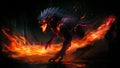 Fiery demon. Mystical monster in fire on dark background