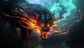 Fiery demon. Mystical monster in fire on dark background