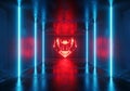 Fiery Demonic Emblem Illuminates a Reflective Sci-Fi Hallway with Blue Neon Beams Royalty Free Stock Photo