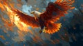 Fiery eagle in flight, wings ablaze, dramatic sky Royalty Free Stock Photo