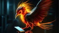 a fiery eagle with spread wings flying through the flames using a mobile phone