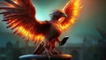 a fiery eagle with spread wings flying through the flames using a mobile phone