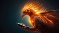 a fiery eagle with spread wings flying through the flames using a mobile phone