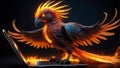 a fiery eagle with spread wings flying through the flames using a mobile phone