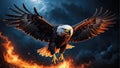a fiery eagle with spreading wings flying among the flames in a cloudy sky