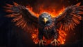 a fiery eagle with spreading wings flying among the flames in a cloudy sky