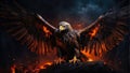 a fiery eagle with spreading wings flying among the flames in a cloudy sky