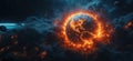 Fiery Earth Surrounded by Cosmic Clouds and Asteroids in Dramatic Space Scene Royalty Free Stock Photo