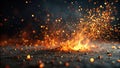 Fiery embers and glowing sparks exploding on dark surface. Generative AI Royalty Free Stock Photo