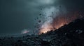 fiery explosion on dark volcanic landscape Royalty Free Stock Photo