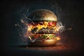 Fiery Explosive Spark Burger Black Background. Generative AI